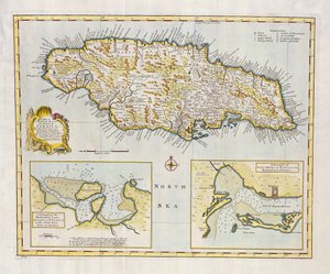 Jamaica szigetének térképe, fő plébániákra osztva 1760 körül (kézzel színezett metszet)