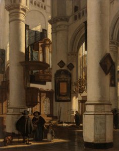 Protestáns, gótikus templom belseje, a kórusban egy sírásó Egy protestáns gótikus templom belseje Amszterdam régi és új templomának motívumaival