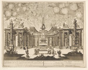 Vuurwerk in Moskou bij de viering van het einde van de Russisch-Turkse Oorlog, 1775 (III. felvonás) Tűzijáték ábrázolása, ő Császári Felsége jelenlétében lőtt az Oroszország és az Oszmán Porta között megkötött békeünnep alkalmából (sorozat alkotó: Emel