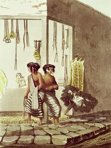 Pampa indiánok egy boltban a Buenos Aires-i indiai piacon, a „Buenos Aires és Montevideo festői illusztrációi” című művéből, J. Bluck (fl.1791-1819) metszetében, 1820