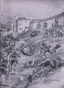 Az Aschaffenberg 2. bajor vadászzászlóalj Lagarde-ban 1914. augusztus, The Illustrated History of the World War 1914-1915 pub. az Union Berlagsefellfchaft alkotó: Emil (after) Limmer