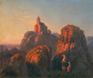 Táj egy templommal este alkotó: Emil Ludwig Löhr