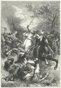 Cromwell ironsidei a royalista lovasság ellen az angol polgárháborúban (metszet)
