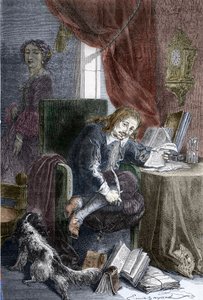 Paul Scarron (1610-1660) francia író, burleszk vígjátékok írójának portréja, rokkant széken van ábrázolva, mögötte az árnyékban áll felesége, Francoise d