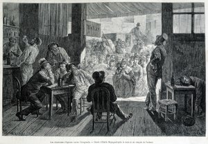 Nők csoportja egy bár előtt, nőknek tilos, himnuszokat énekelnek részegeknek az alkoholizmus ellen alkotó: Emile Antoine Bayard