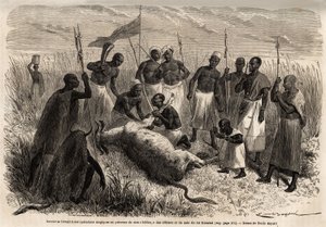 Egy varázsló mágikus műveleteket végez egy levágott marhahúson Ugandában, Emile Bayard (1837-1891) rajza Speke kapitány 1860-tól 1863-ig tartó afrikai felfedezőútját illusztrálja. Metszet a „Le tour du monde”-ban, szerkesztette Edouard Charton alkotó: Emile Antoine Bayard
