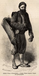 Egy vízszállító, vándorkereskedő felszerelésével, egyfajta tankdobozsal és mérőeszközként és pohárral pózol, Roustchoukban (Románia), metszet Emile Bayard rajza nyomán, a bulgáriai utazást illusztrálva, Guillaume Lejean, ban ben alkotó: Emile Antoine Bayard
