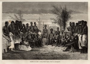 Amadifou, Assinie királya (Comptoir francais de Elefántcsontpart) körülveszi udvarát és zenészeit, 1868 körül, Emile Bayard 1868-as Côte d