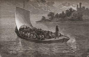 Arminio Vambery és társai a Kaszpi-tengeren hajózva 1863-ban, illusztráció a „The World in the Hands” című könyvből, Gauchard metszete, 1878-ban megjelent alkotó: Emile Antoine Bayard