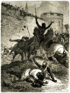 Keresztes hadjárat az Albigeois-ok ellen – Toulouse ostroma, 1218. június 25. Simon de Montfort testvérét éppen most megsebesítette egy nyílvessző, magát Simon de Montfortot pedig egy katapultlabda fogja megölni – állítólag az egyik nő. Toulouse, aki alkotó: Emile Antoine Bayard