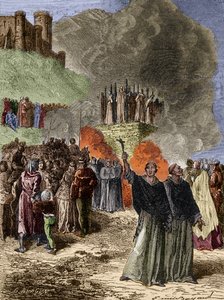 Keresztes hadjárat az Albigeois-ok ellen - Montsegur (Cathare) utolsó védőit a hentesre égették 1244-ben - Emile Bayard metszete G. Burgun nyomán alkotó: Emile Antoine Bayard