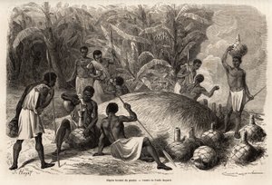A pombe degustációja (erjesztéssel készült alkoholos ital) Karague-ban (a Victoria-tótól nyugatra, a mai Zimbabwéban), Emile Bayard (1837-1891) rajza, amely Speke kapitány afrikai felfedezőútját mutatja be 1860 és 1863 között. Bevésés alkotó: Emile Antoine Bayard