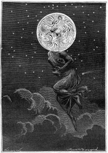 Metszet (Emile Bayard) Jules Verne Around the Moon (Hetzel-kiadás/Voyages extraordinaire 1870) című könyvéhez: „” a Hold egy fiatal nő testével személyesített meg... kólikában szenved! "" alkotó: Emile Antoine Bayard