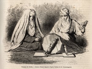 Femmes de Boukhara (Üzbegisztán), a fonott munkájukon dolgozik, Emile Bayard rajza alapján metszett, hogy illusztrálja Basile Vereschaguine 1867-1868-as közép-ázsiai utazását, megjelent a „Le tour du monde” 1873-ban, Edouard szerkesztette. Charton, Hach alkotó: Emile Antoine Bayard
