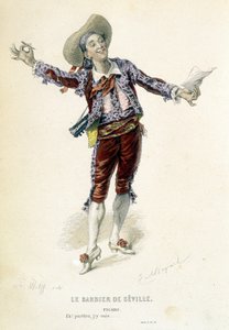Figaro a „Sevillai borbély” című művében az „Oeuvres befejezi a Beaumarchais-ban”, szerk. Laplace Sanchez & cie, Párizs alkotó: Emile Antoine Bayard
