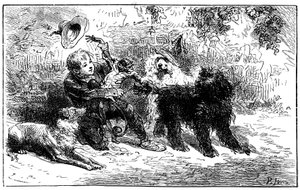 Emile Bayard illusztrációja Hector Malot „” Sans Famille” című regényéhez: Remi a barátaival játszik, Monsieur Vitalis, utazó művész társulatának tanult állatai - Joli-Coeur (szép szív), a majom és a három kutya, Capi, Zerbino és Dol alkotó: Emile Antoine Bayard