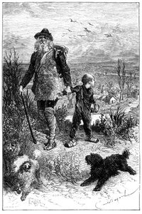 Emile Bayard illusztrációja Hector Malot "Család nélkül" című regényéhez: Remi elmegy Monsieur Vitalis, utazó művész és tanult állatai a három kutya Capi, Zerbino és Dolce - Edition Hetzel 1880 - alkotó: Emile Antoine Bayard