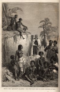 I. Kamehameha (kb. 1758-1819), a Hawaii-szigetek királya és egységük alapítója körülvette a hawaii harcosokat és néhány alattvalót Honoluluban, Emile Bayard rajza nyomán metszett, amely az 1855-69-es Sandwich-szigeteki utazást illusztrálja. , szerző: C alkotó: Emile Antoine Bayard