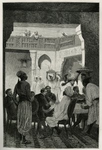 Ebéd a hadügyminiszternél, turbán fejdísz, szemben a mese írójával, az udvaron érkező szolgák sora viszi az étel edényeit, Emile Bayard metszet, Edmondo de Amicis Marokkó történetének illusztrálására , 1875-ben, publ alkotó: Emile Antoine Bayard