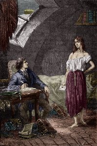 Marius és Eponine, Thenardiers idősebb lánya és Marius szerelmesei Victor Hugo (1802-1885) „Les Miserables” című regényének illusztrációja Emile Bayard illusztrációja - (Eponine Thenardier (Jondrette lány) és Marius) Metszet Magángyűjtemény
