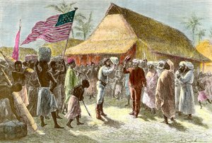 Henry Morton walesi robbantó és újságíró (1841-1904) és David Livingstone, az afrikai kontinens skót misszionárius felfedezője (1813-1873) találkozása a Tanganyika-tó partján található Ujijiben november 10-én. alkotó: Emile Antoine Bayard