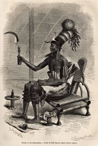 Mounza, a Mombuttous (szudáni törzs) királya, papagájtollal díszített hengeres felső sapkával borított konty fejdísz, a homlokra, a nyak körül félhold alakú rézlemez erősítve, rézléc gallér és a rajta karok és dowe alkotó: Emile Antoine Bayard