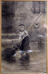 Cosette ábrázolása, mezítláb söprés. Illusztráció: Victor Hugo (1802-1885) „A nyomorultak” Emile Bayard (1837-1891) 19. században. Paris, Maison Victor Hugo