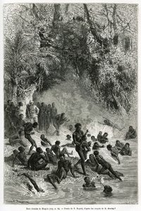 Sir Henri Morton Stanley (1841-1904) a Karagoue régió (Kamerun) fürdőzői között, akik alámerülnek a Mtagata-szoros meleg- és gyógyvizes medencéjében, Emile Bayard rajza, hogy illusztrálja a „Through the Mysterious” című történetet. kontinens”, a alkotó: Emile Antoine Bayard