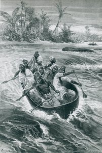 Stanley legyőzi a zuhatagot a Kongó folyón Emile Bayard rajzával alkotó: Emile Antoine Bayard