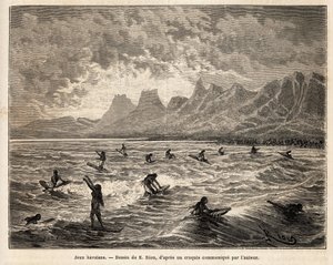 Szörfözés, a hawaiiak kedvenc játékának gyakorlása, itt nők, egyensúlyban, állva vagy ülve, a deszkán, a crete des hullámokon, akik visszahozzák őket a tengerpartra, Emile Bayard rajza után gravírozva, illusztrálva a szendvicshez vezető utat. Szigetek alkotó: Emile Antoine Bayard