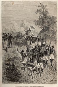 Cassemmbe feleségének csapata elhalad Livingstone előtt, aki köszönti őt, Emile Bayard rajza után vésve, amely David Livingstone utolsó naplóját (1813-1873) illusztrálja 1866-1873-ban, megjelent a „” Le tour du monde” 1875-ben, szerkesztette: Edouard Chart alkotó: Emile Antoine Bayard