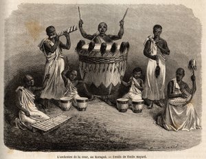 Az udvari zenekar a Karague-ban (a Victoria-tótól nyugatra, a mai Zimbabwe), Emile Bayard (1837-1891) rajza, Speke kapitány afrikai felfedezőútja 1860 és 1863 között. Gravírozás: „” Le tour du monde ””, szerkesztette Edouard Char alkotó: Emile Antoine Bayard