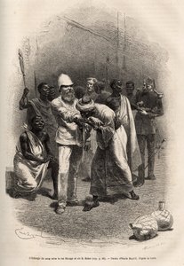 Rionga király és Sir Baker vércseréje, miután egy nagy mennyiségű banán almabort megivott, és egy éjszakát virrasztva töltött, megtörténik a szertartás, felváltva megvágják az alkarjukat és megisznak egy csepp vért, majd Rionga Vakil p alkotó: Emile Antoine Bayard