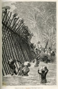 Az expedíció áthaladása a Lovoi (vagy az ördög folyóján) (Katanga régió, Kongó) Emile Bayard rajzával, hogy szemléltesse az afrikai utazást Zanzibártól (Tanzánia) Bengueláig (Angola) 1873 és 1876 között. , brit parancsnok, V.L. alkotó: Emile Antoine Bayard