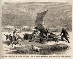 Az Észak-Kínában használt vitorlás talicska, mozdonyrendszer, E. Bayard rajza, a Sanghajból Moszkvába vezető utat szemléltetve alkotó: Emile Antoine Bayard