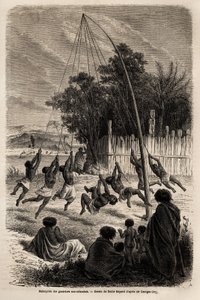 Az új-zélandi harcosok hintaja az Auckland-szoroson, Emile Bayard (1837-1891) rajza Ferdinand de Hochstetter 1858-tól 1860-ig tartó új-zélandi utazásának illusztrálására. Metszet a „” Le tour du monde”-ban, szerkesztette: Edouard Charton alkotó: Emile Antoine Bayard