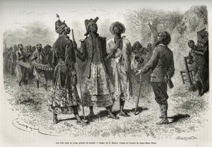 A három karmester (vagy szovász), Dombe (Angola) hercegei és zenészekből és udvaroncokból álló szvitje S.Pinto felfedezővel találkoznak. Emile Bayard metszet, hogy illusztrálja a történetet, hogyan jártam be Afrikát, az Atlanti-óceántól az indiánig alkotó: Emile Antoine Bayard