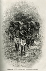 Fiatal lányok csapata élelmiszerrel teli kosarakat cipelő S.Pinto és emberei ellátására. Serpa Pinto őrnagy, 1877-1878-ban, kocsma, Emile Bayard metszetének illusztrálására, hogyan jártam be Afrikát, az Atlanti-óceántól az Indiai-óceánig alkotó: Emile Antoine Bayard