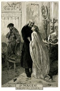 Victor Hugo „A nyomorultak”, „A kehely utolsó szurdoka”. Illusztráció: Emile Bayard. Az egykori erő, Jean Valjean megöregedett Cosette-tel és Mariusszal. Ollendorff 1906-os kiadás metszete. alkotó: Emile Antoine Bayard