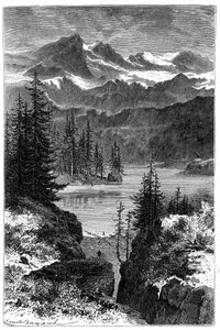 Kilátás az Alpokra: erdő, tó, csúcsok. Illusztráció: Emile Bayard a Les Montagnes d