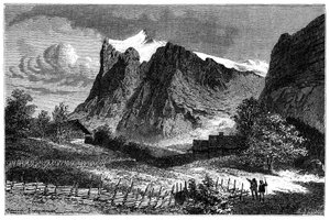 Kilátás a svájci Alpokra. Illusztráció: Emile Bayard a Les Montagnes d