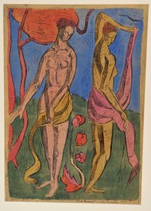 Die Nymphen: Badende mit roten Blumen