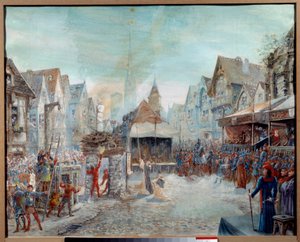 Százéves háború: „” Jeanne of Arc-ot (1412-1431) a hentes vezeti”” (Place du Vieux-Marche in Rouen). Emile Deshays (1875-1946) festménye 1901. V. 0,73x0,6 m Rouen, Musee des Beaux Arts Figyelem! Ennek a műnek a felhasználását harmadik fél aut alkotó: Emile Deshays