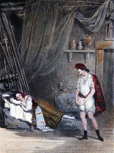 Jelenet a néma lányról, Fenelláról, amint egy kunyhóban alszik testvérével, Masaniellóval: IV. felvonás Auber „La Muette de Portici” című operájából, 1835 körül (színes litó) alkotó: Emile Deshays
