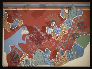 Kék majom festménye sziklás tájon a knossosi freskóházból (Evans freskórajz C/6), 1928 körül (papír, pigment)