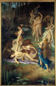 Orphee halála. A Bacchantes (vagy Menades) megkönnyebbült, Orphee darabokra aprította. Emile Levy festménye (1826-1890)