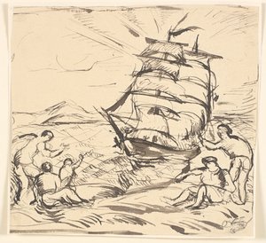Tengerparti táj vitorlás hajóval és intett figurákkal. alkotó: Emile Othon Friesz