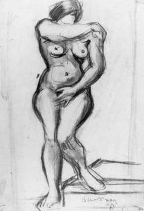 Álló női modell en face, croquis.