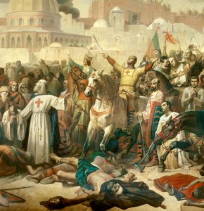 Részlet: Első keresztes hadjárat: „” Jeruzsálem elfoglalása az átkelőknél 1099. 07. 15-én” Godefroy de Bouillon kegyelmet ad Istennek Remete Péter (vagy Remete) jelenlétében