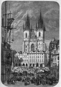 Gótikus építészet: a prágai Tyn-templom (Teynkirche) külső képe. Építése a 14. század felétől a 16. századig tartott. Therond metszete a „” Le Magasin Picturesque” című filmben